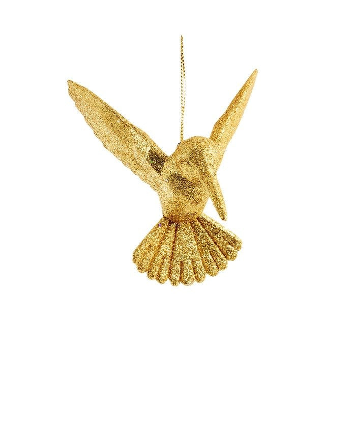 Gold glittered hummingbird ornament with shimmering finish