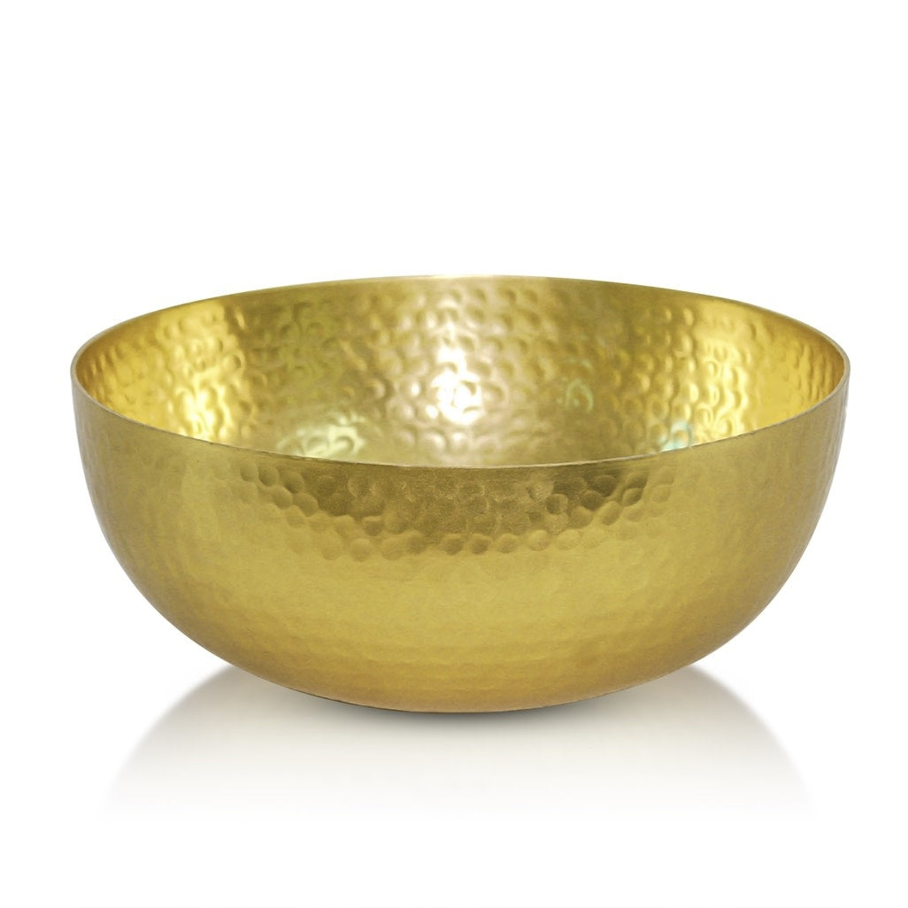 Gold hammered aluminum round bowl with a textured finish.