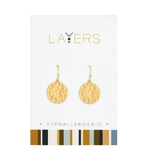 Gold hammered layered dangle earrings with textured discs