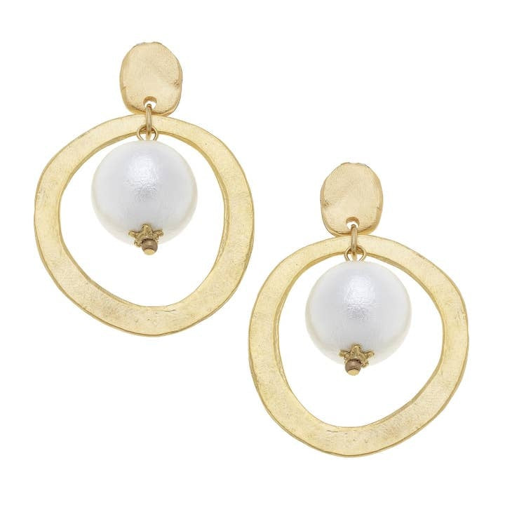 Gold hoop earrings featuring a white cotton pearl accent