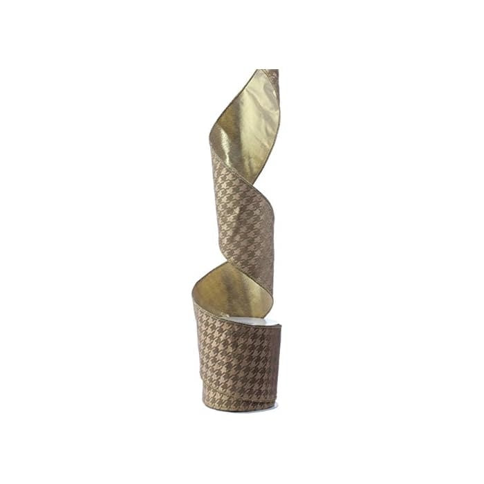 Gold houndstooth wired Christmas ribbon with a festive geometric pattern.