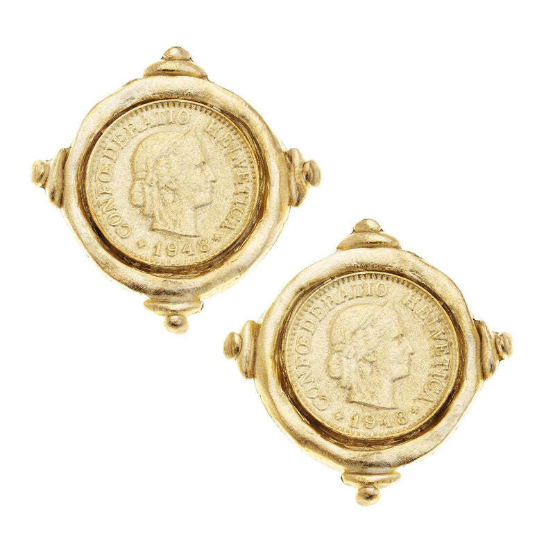 Triple-plated gold pierced stud earrings featuring a Swiss franc coin intaglio design with post backs.