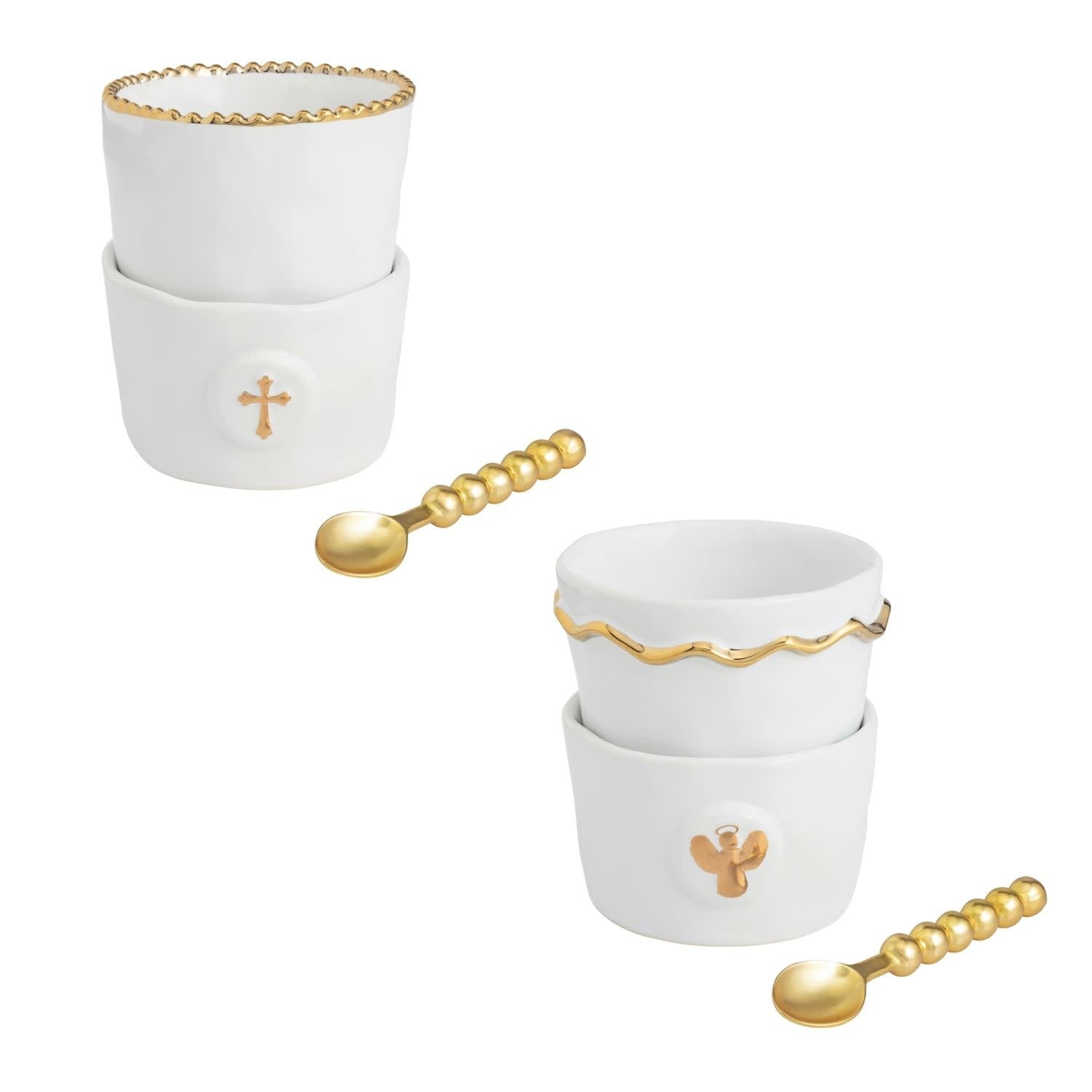 Two gold electroplated ceramic dip bowls with beaded metal spoons
