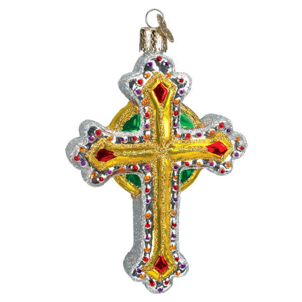 Gold jeweled cross ornament with silver accents measuring 4.75 inches tall.
