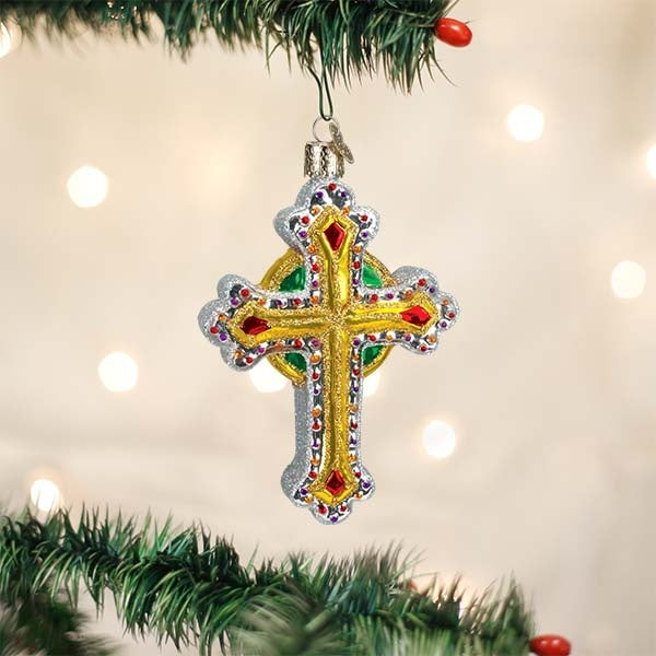 Gold jeweled cross ornament with silver accents measuring 4.75 inches tall.