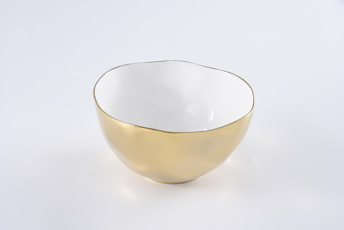 Large white high-fired porcelain bowl with gold titanium accents from the Moonlight Collection.