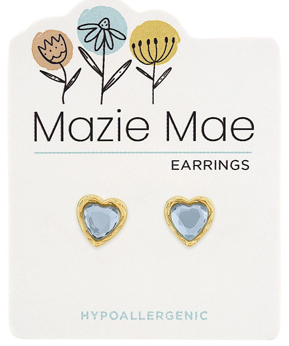 Gold light sapphire resin heart stud earrings with a whimsical silhouette