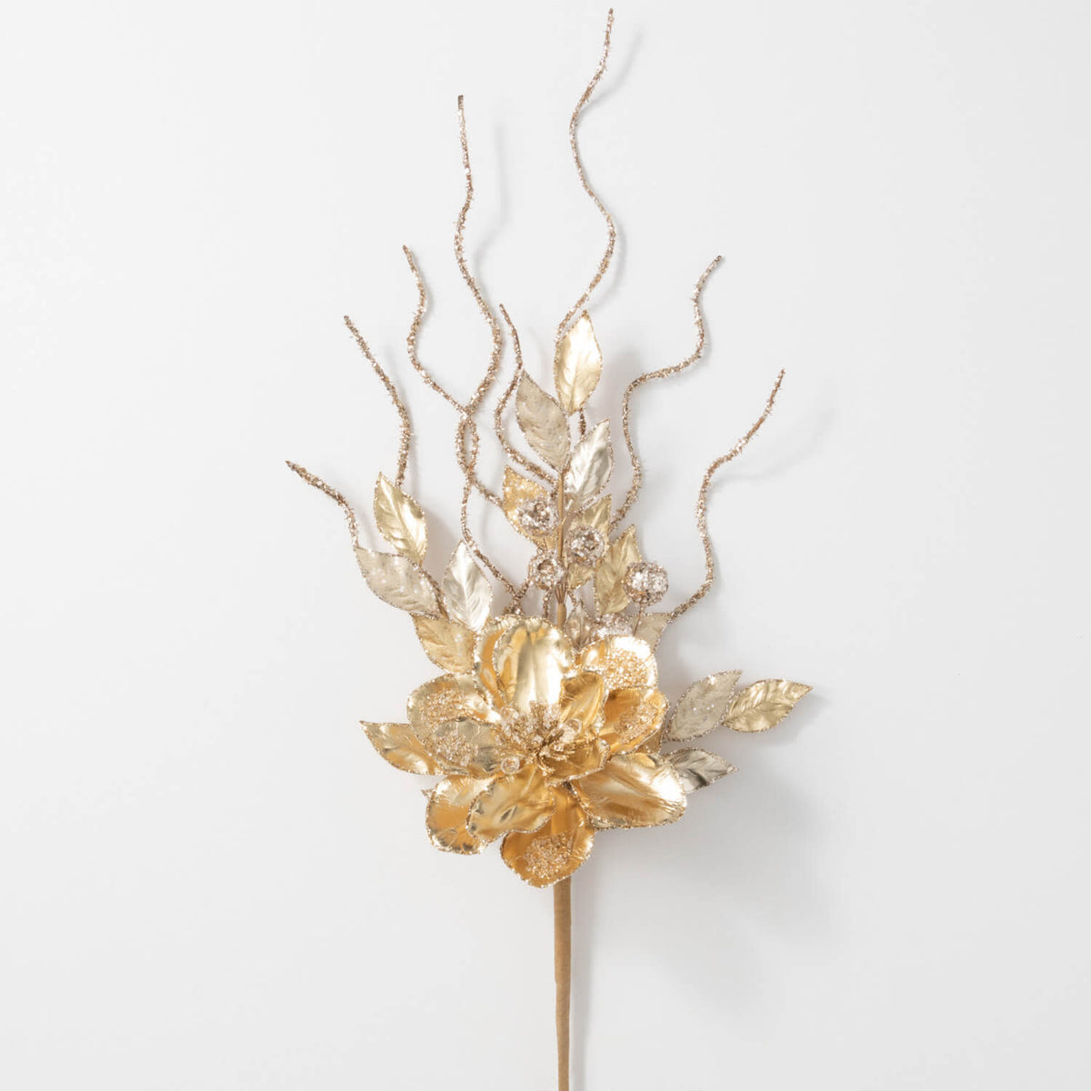 36-inch gold magnolia berry spray with hand-applied glitter beadwork in metallic polyester