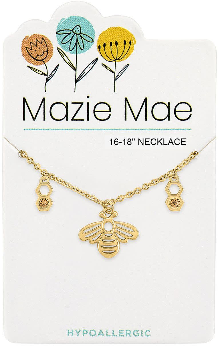 Gold Mazie Mae necklace featuring a delicate chain with a small bee pendant.