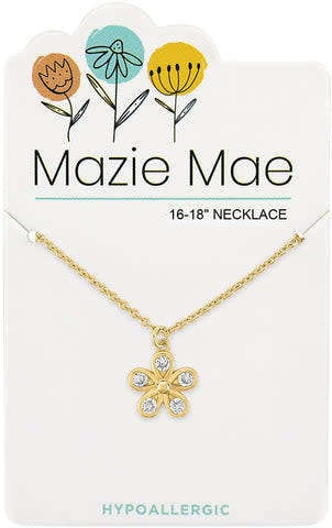 Gold Mazie Mae necklace featuring a cubic zirconia flower pendant on an adjustable chain.