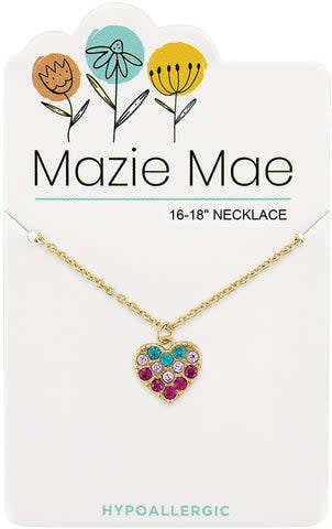 Gold Mazie Mae necklace featuring a heart-shaped multi-color cubic zirconia pendant on a delicate chain.