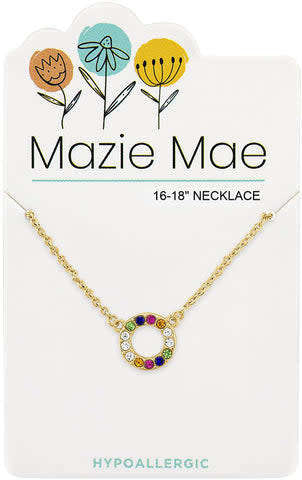 Gold Mazie Mae necklace featuring an open circle pendant with multicolor accents on a delicate chain.