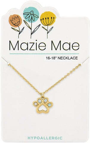 Gold Mazie Mae necklace featuring an opal pendant with a paw print pattern on a delicate chain.