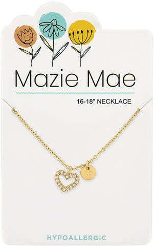 Gold Mazie Mae necklace featuring an open white opal heart pendant on a delicate chain.