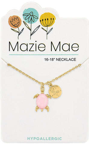 Gold Mazie Mae necklace featuring a rosewater opal stone set in turtle sand metal with secure clasp closure.