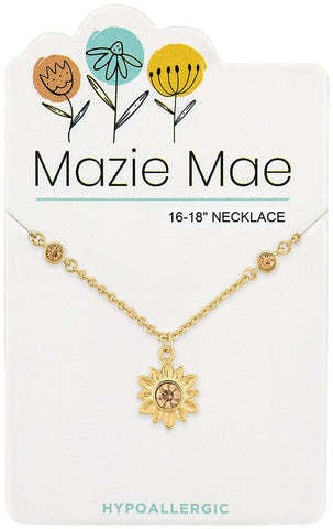 Gold Mazie Mae necklace featuring a sunflower pendant on an adjustable chain.