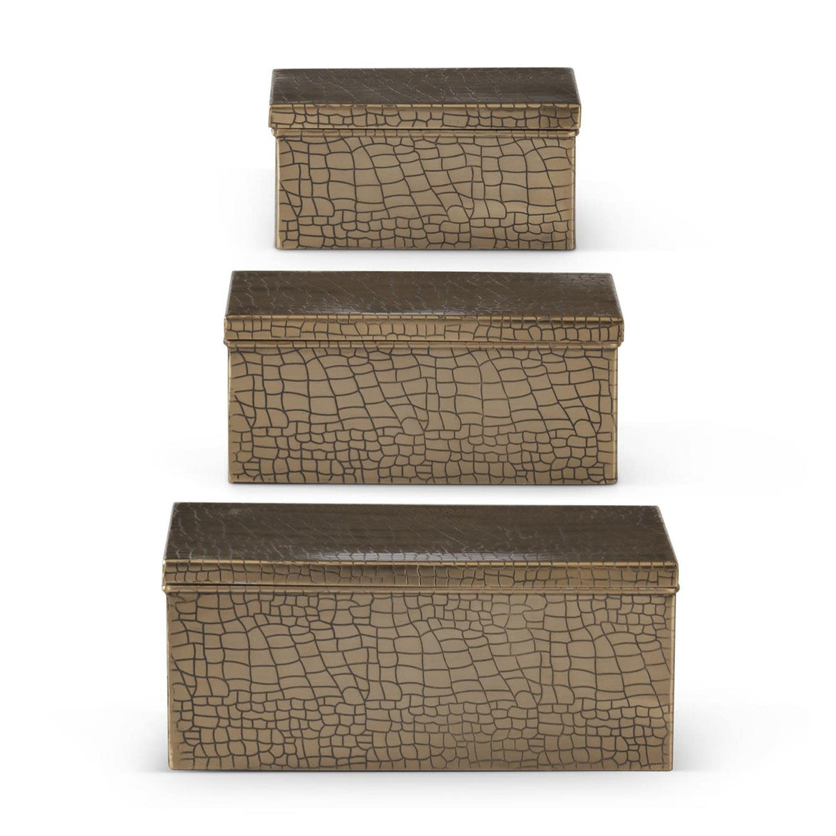 Gold metal lidded box with embossed alligator skin texture