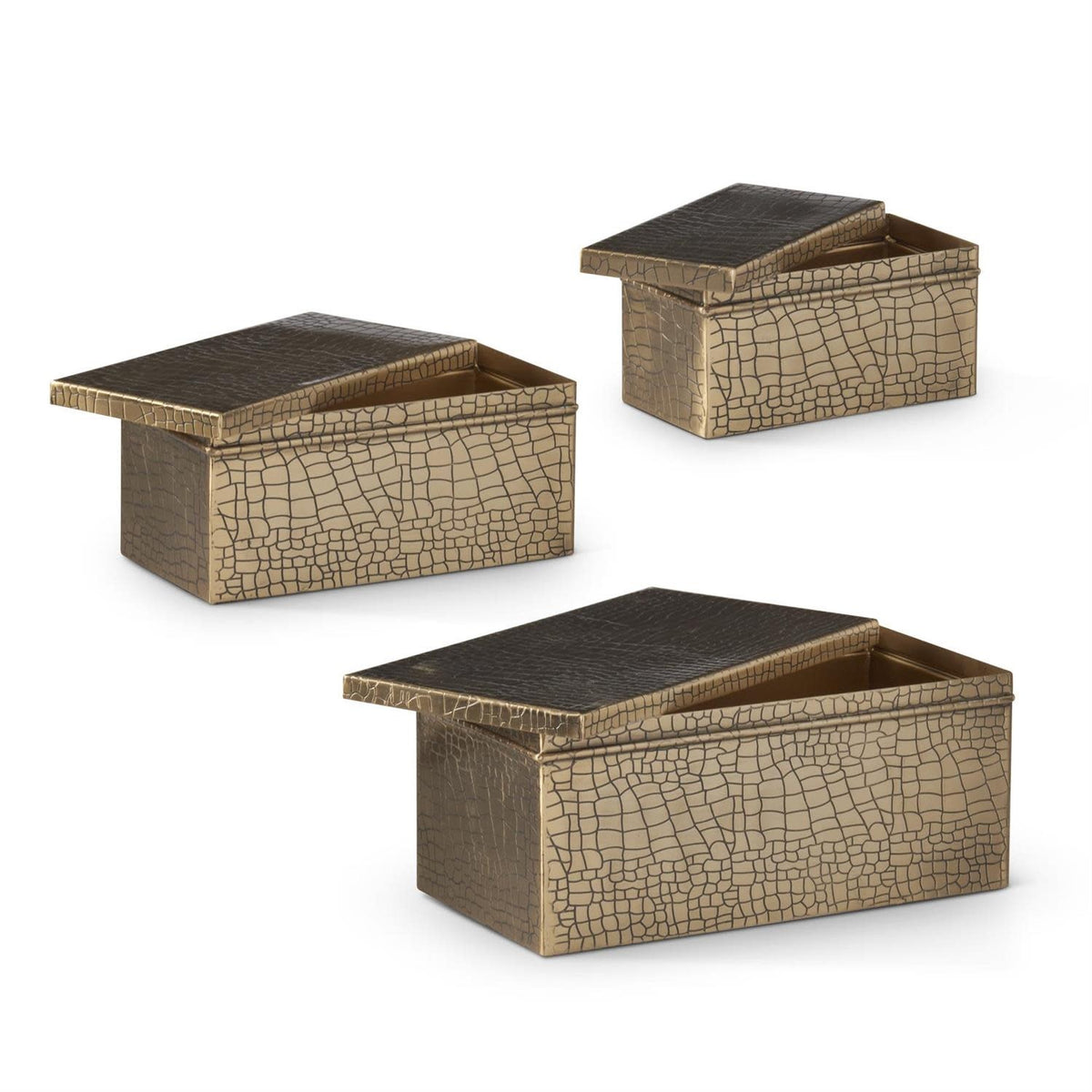 Gold metal lidded box with embossed alligator skin texture pattern