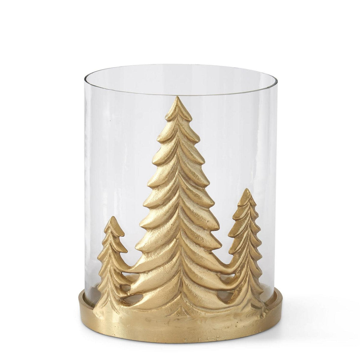 Gold metal hurricane holder with glass top shaped like a Christmas tree