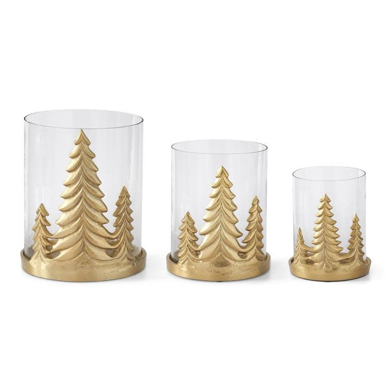 Gold metal hurricane holder with glass insert shaped like a Christmas tree