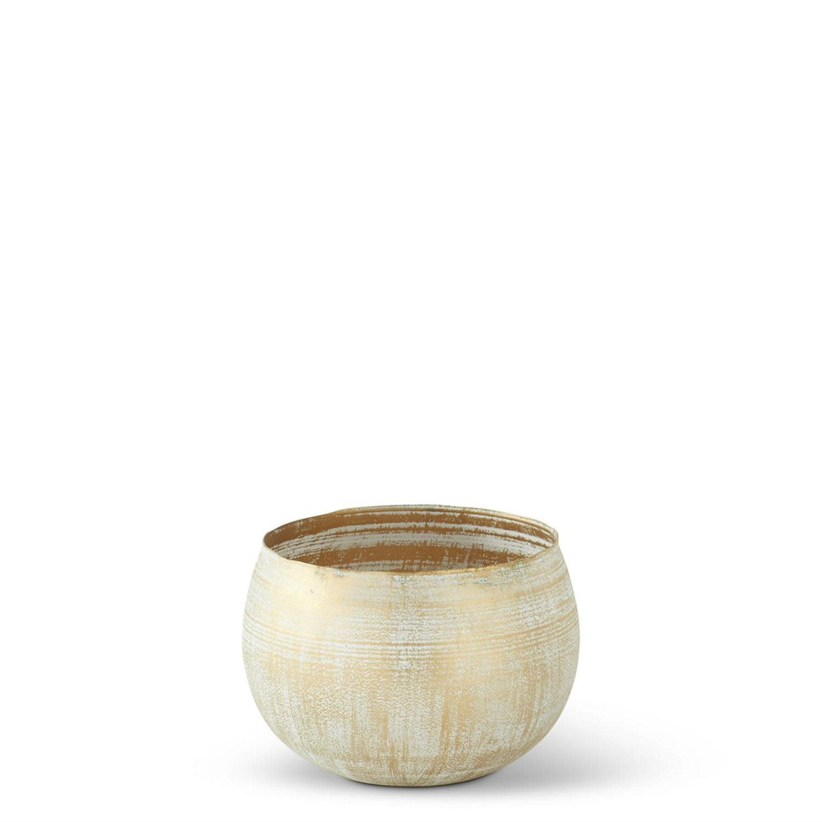 Round gold metal bowl with whitewashed finish, iron material