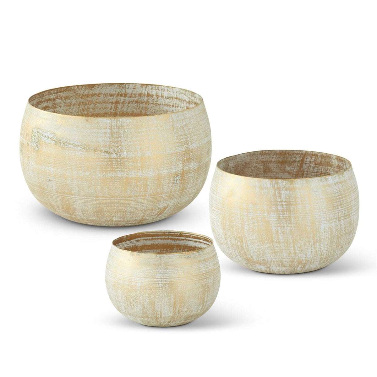Round whitewashed iron bowl with gold metal accents