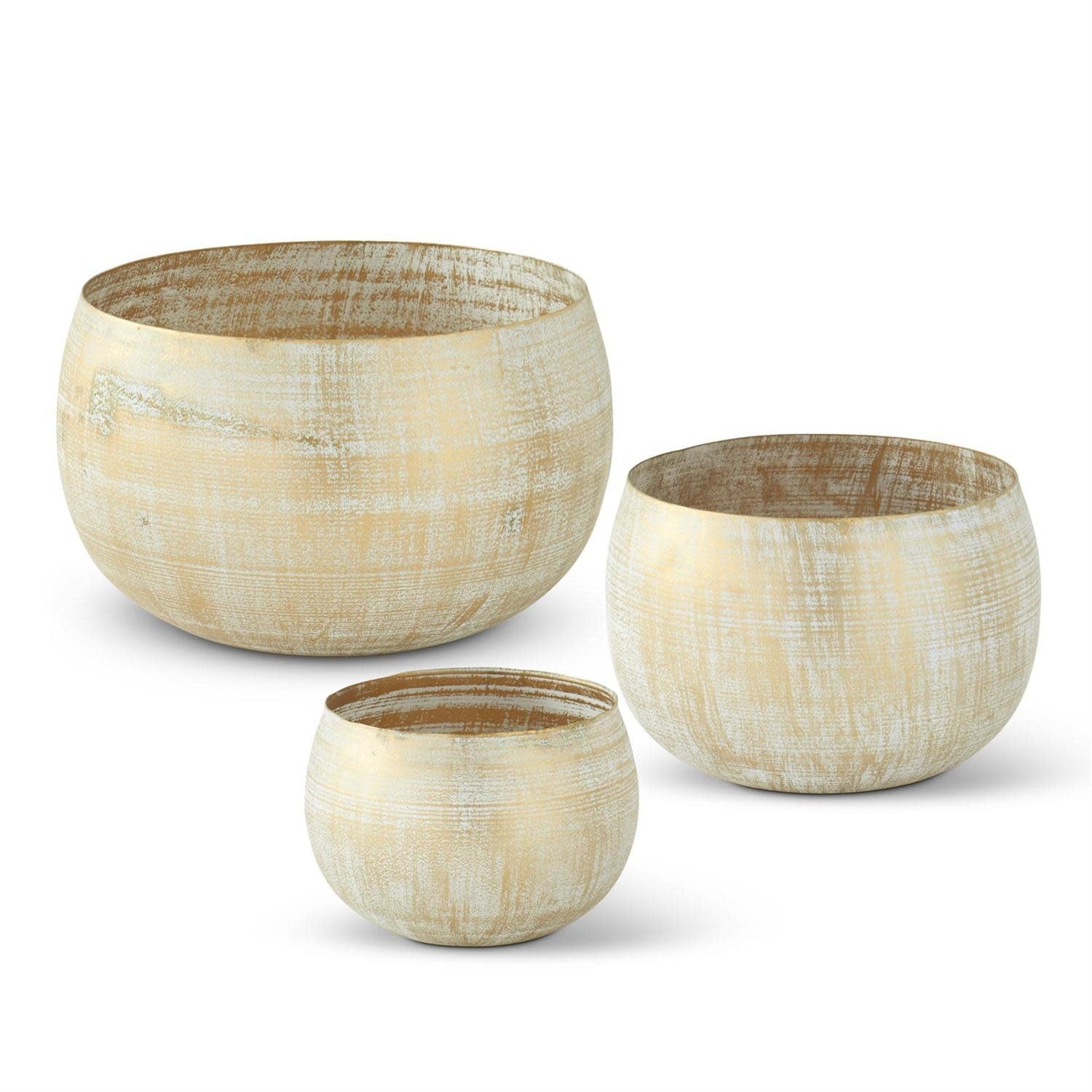 Round whitewashed iron bowl with gold metal accents