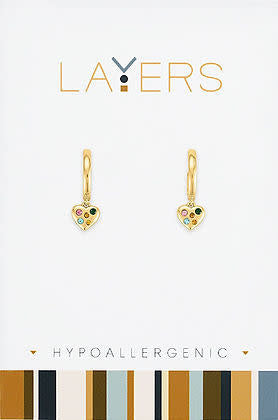 Gold huggie earrings with layered heart charms featuring multi-colored stones