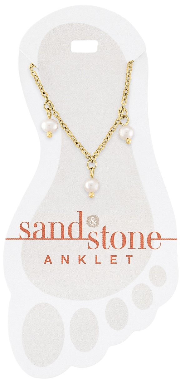 Gold chain anklet with dangling pearls and sand stone accents