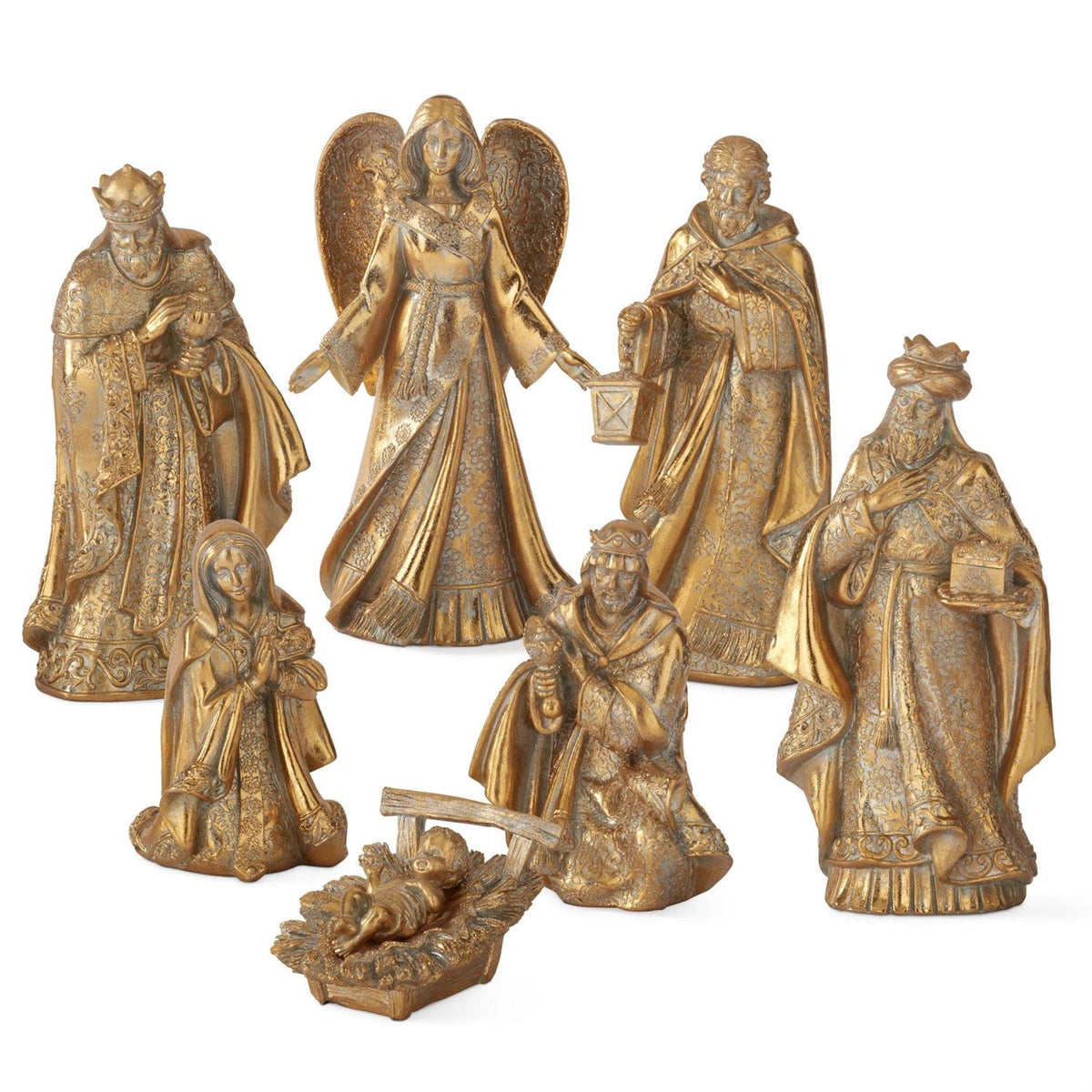 Gold resin nativity set with seven figures including Mary, Joseph, baby Jesus, Wise Men, and an angel.