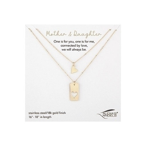 Gold necklace set featuring matching pendant necklaces designed as a sentimental mom and daughter gift.