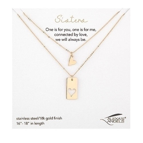 Gold necklace set featuring two linked pendant designs symbolizing sisterhood.