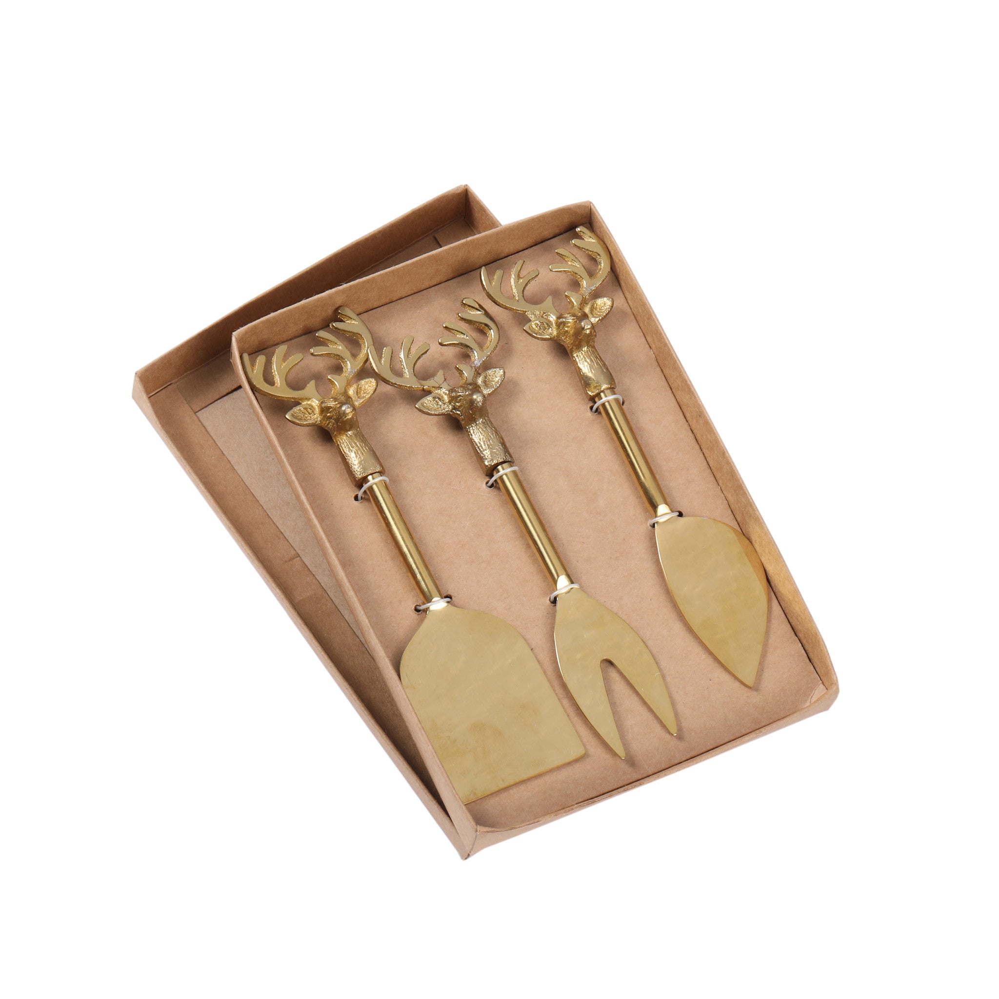 Set of gold brass reindeer-shaped cheese servers with antler handles.