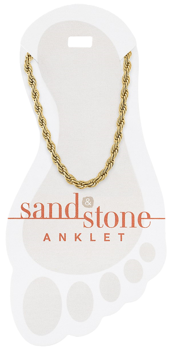 Gold rope chain anklet with sand-colored stone accents on a neutral background