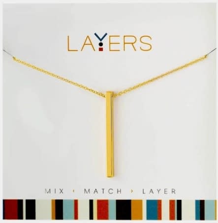 Gold single bar layer necklace with a sleek rectangular pendant on a delicate chain.