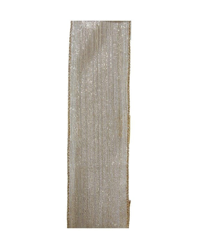 2.5-inch wide gold sparkle woven ribbon with a metallic gold wire edge.