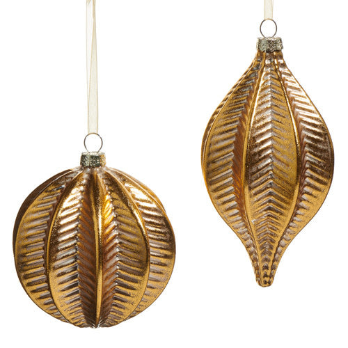 Glass gold spine ornament with a slender vertical shape