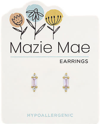 Gold stud earrings featuring a central baguette-cut tanzanite stone surrounded by clear cubic zirconia accents.