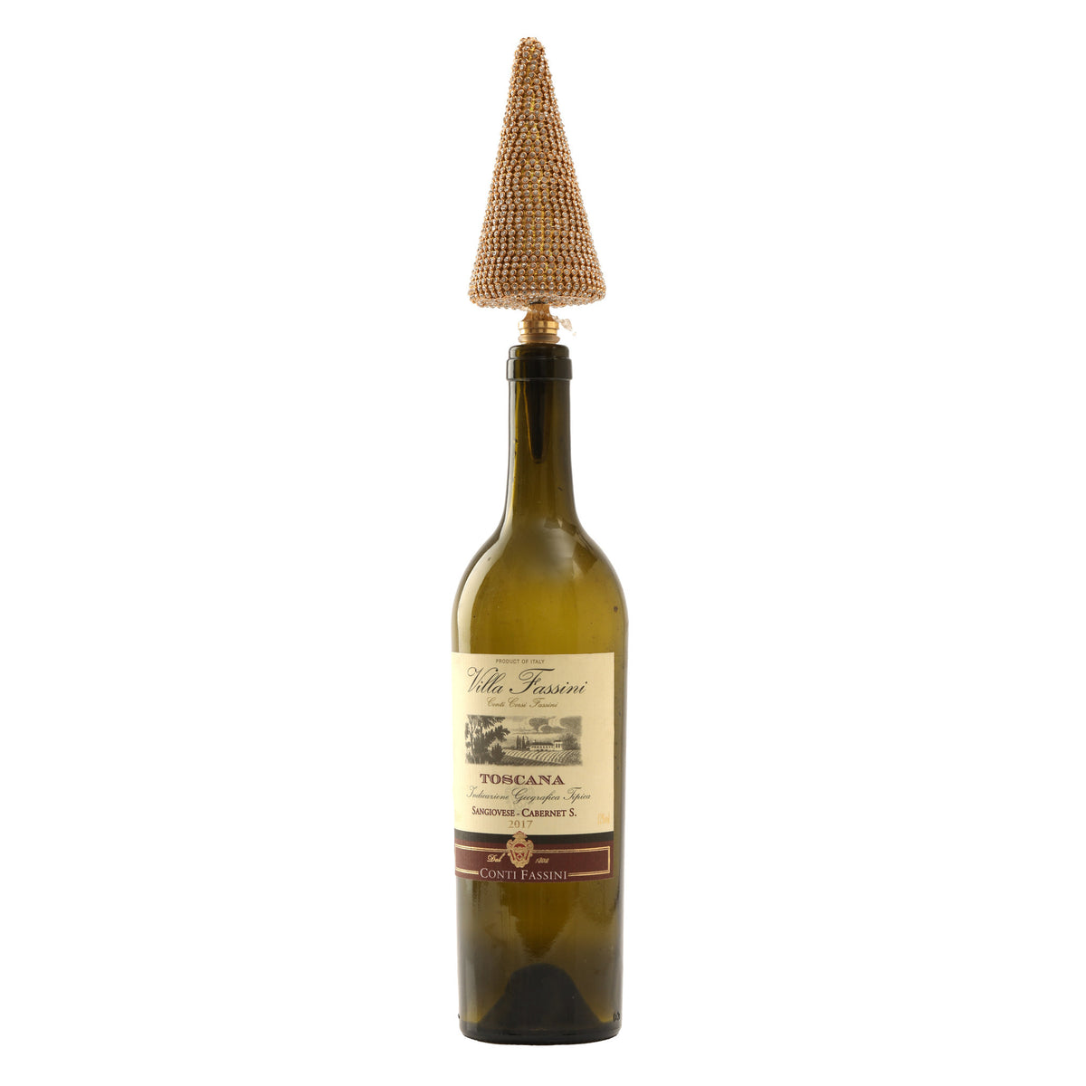 Small gold bottle stopper with festive tree silhouette and polished finish.