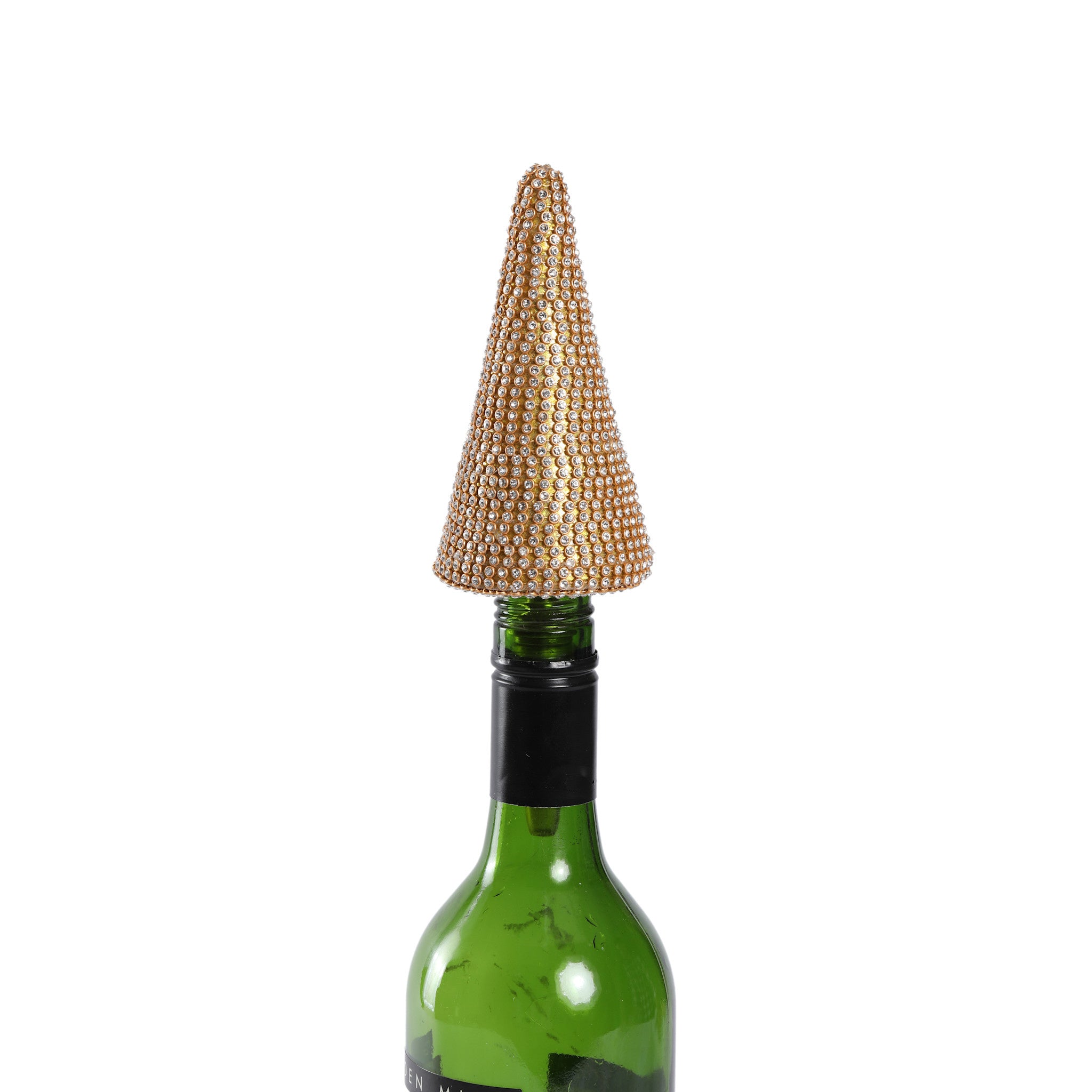 Polished gold tree-shaped bottle stopper with festive branch silhouette.