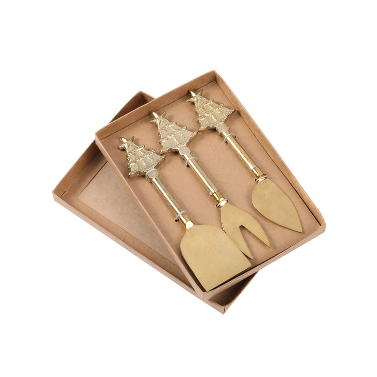 Gold Tree cheese server set with three brass utensils featuring festive gold tree handles.
