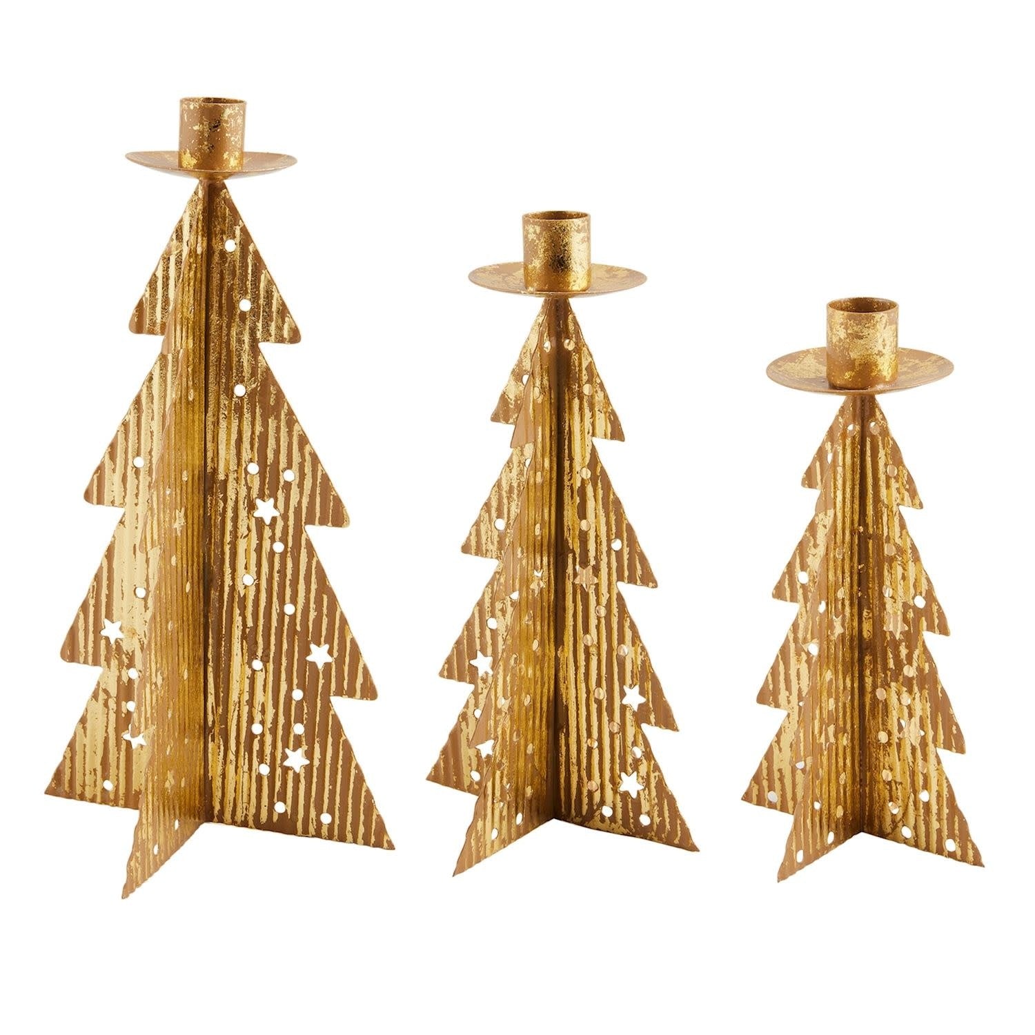 Gold corrugated tin tree taper holder with a punched-out tree silhouette.