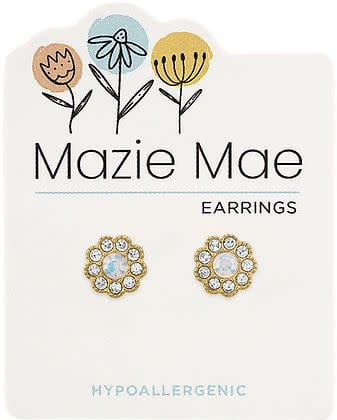 Gold flower stud earring with white opal cubic zirconia center