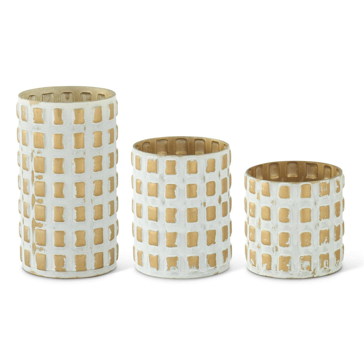 Glass cube container with gold and whitewashed finish featuring embossed detailing