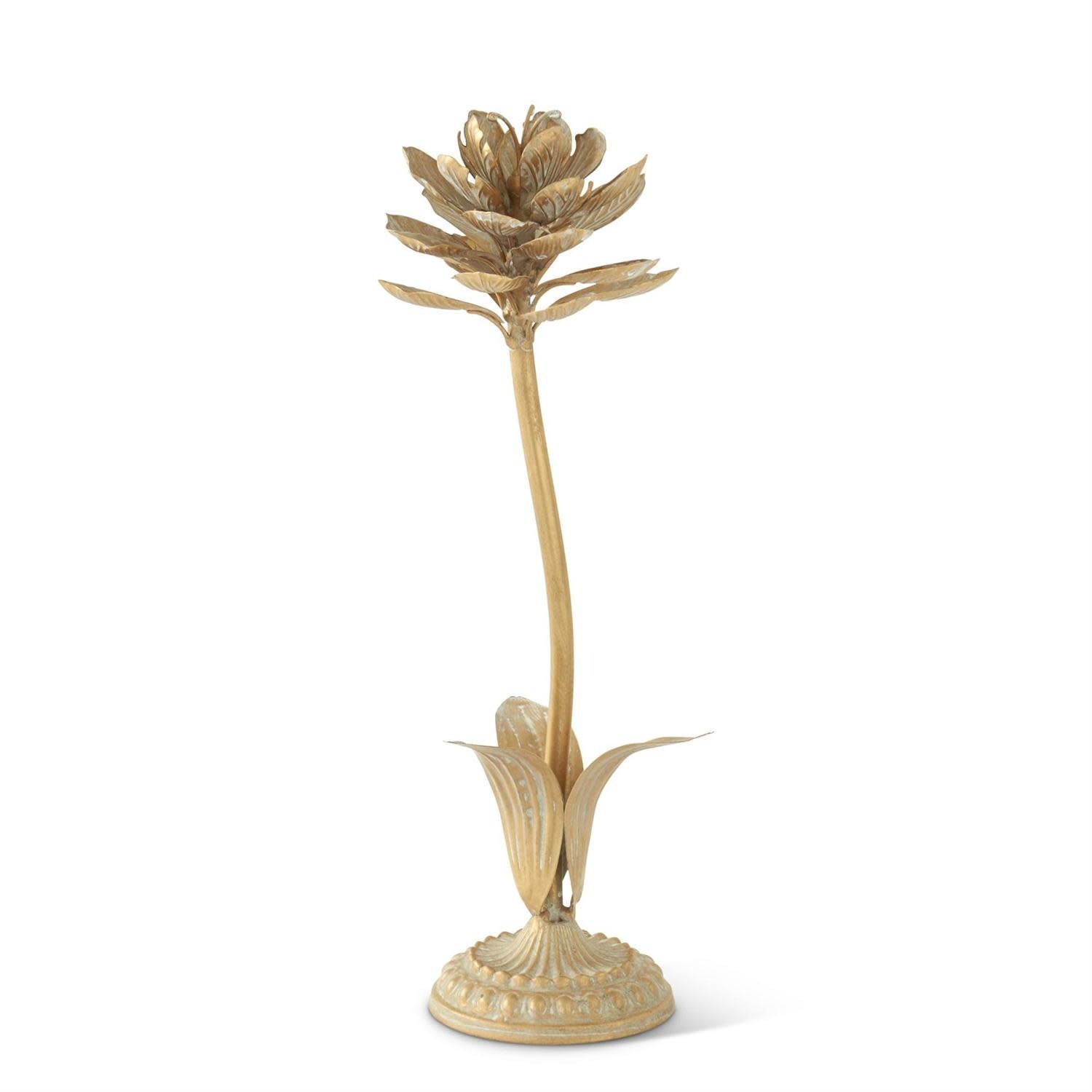 Gold whitewashed metal flower decor piece with cement material