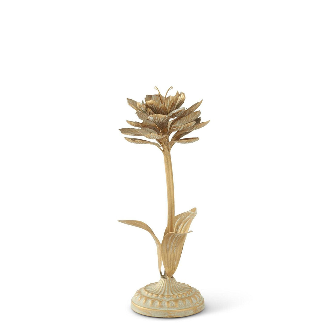 Gold whitewashed metal flower decor piece with cement material