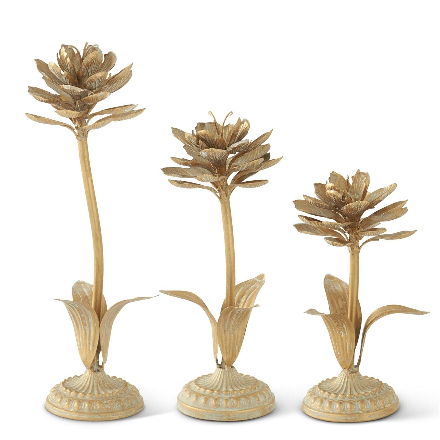 Gold whitewashed metal flower with cement accents in a sculptural floral silhouette.