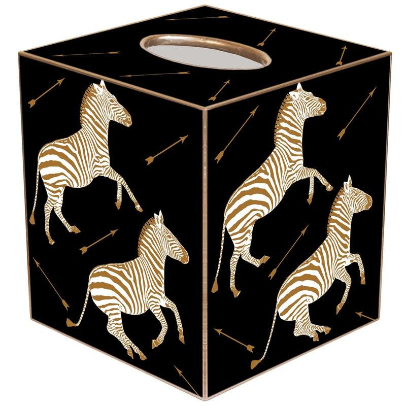 Gold zebra-patterned paper mache tissue box cover with hand-painted gold edges on black background.