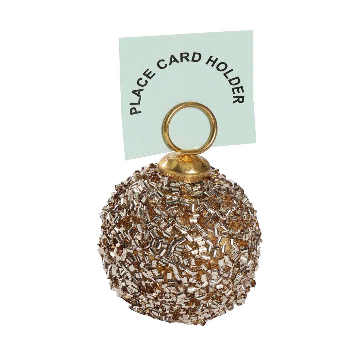 Round golden beaded card holder with a classic ring top.