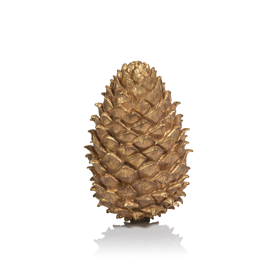 Medium golden polyresin decorative pine cone ornament with a natural conical silhouette.
